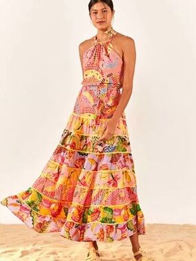 FARM Rio Pink & Yellow Tropical Halter Tiered Maxi Dress| NWT | Size M